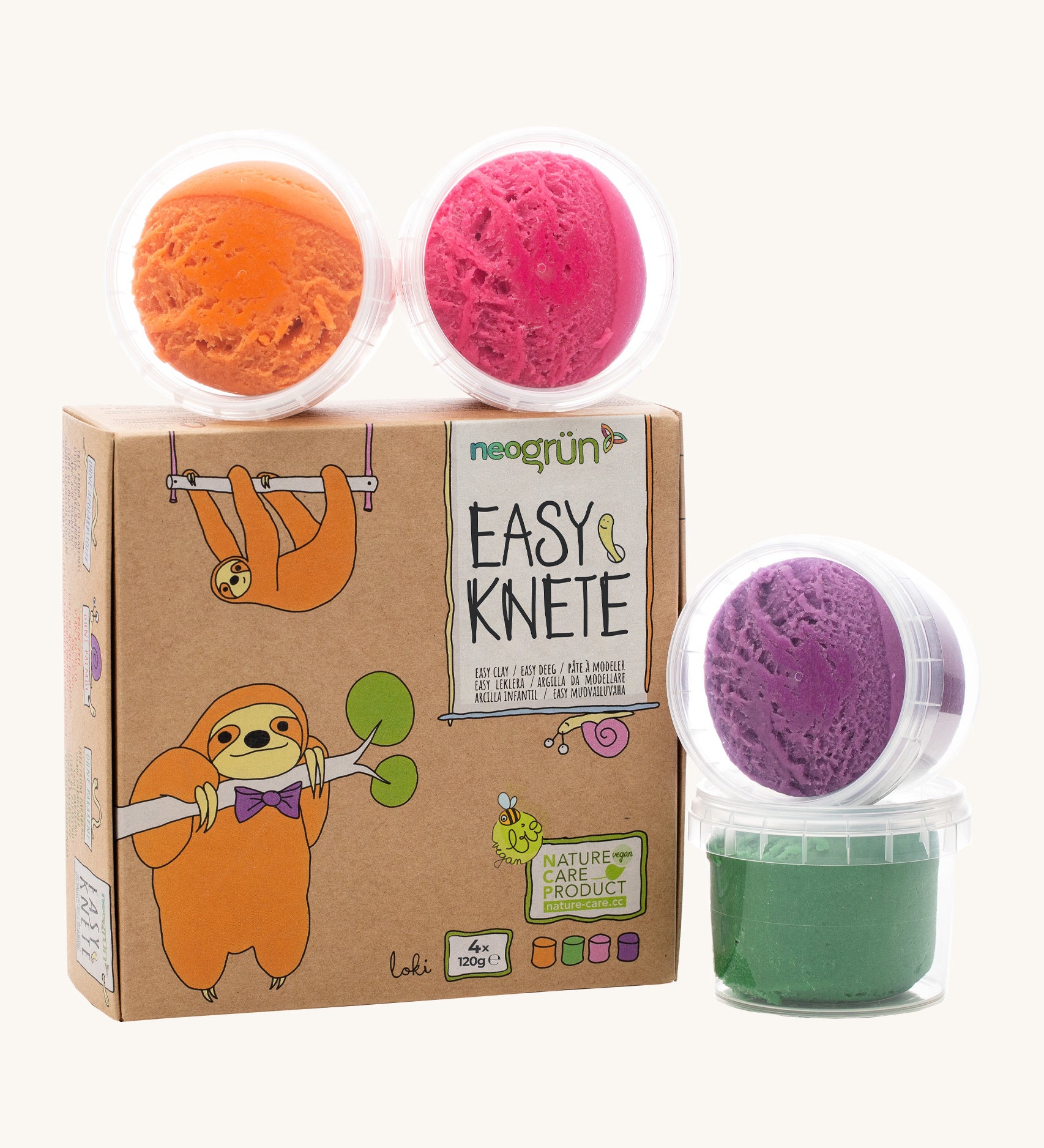 Neogrun modelling clay 4 pack features a green purple, pink and orange organic clay in small plastic tubs and comes in a cardboard box with a 2 playful sloths