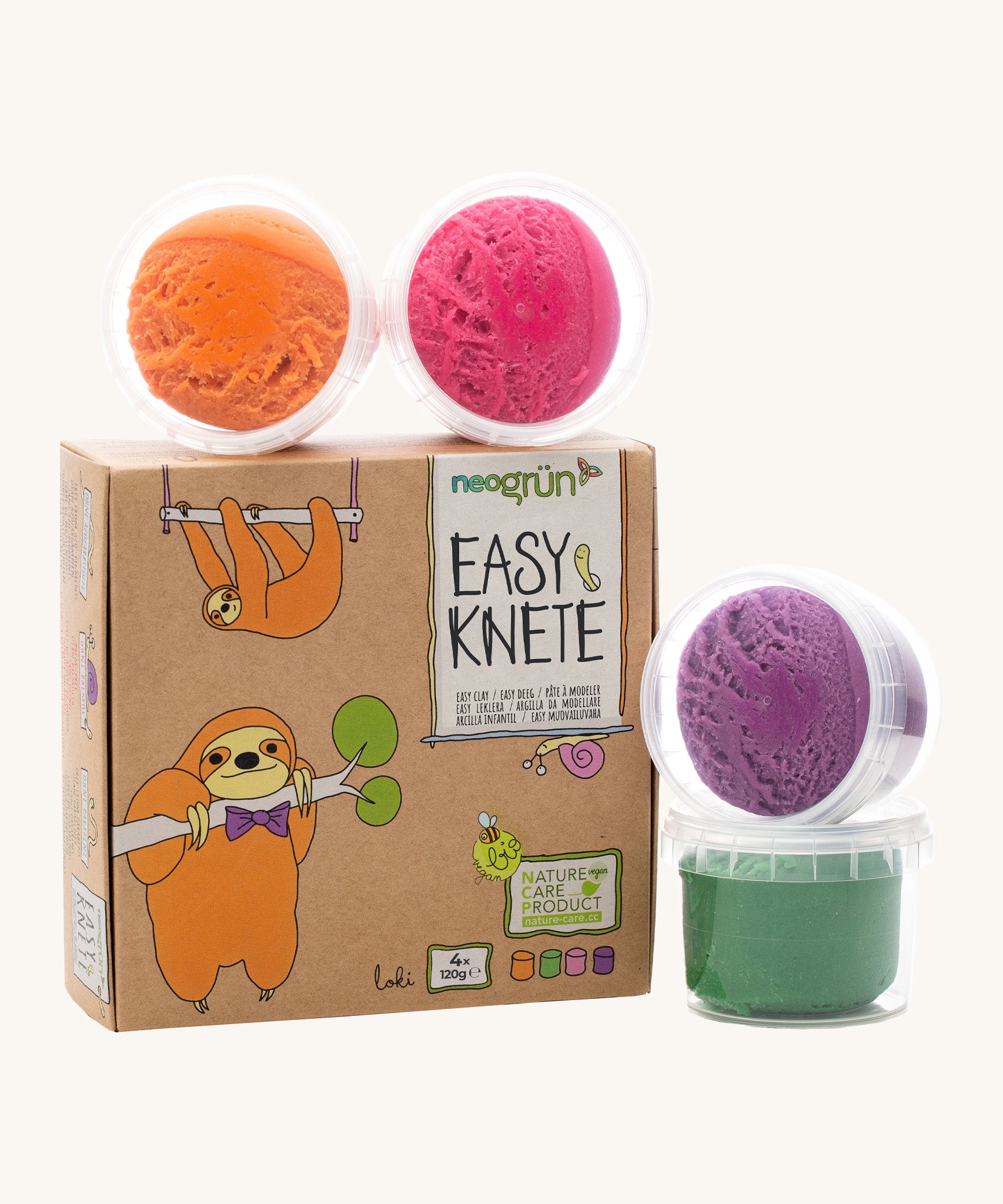 Neogrun modelling clay 4 pack features a green purple, pink and orange organic clay in small plastic tubs and comes in a cardboard box with a 2 playful sloths