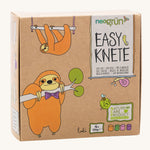 A close up of the cardboard box for the Neogrun modelling clay 4 pack showing the 2 playful sloth design 