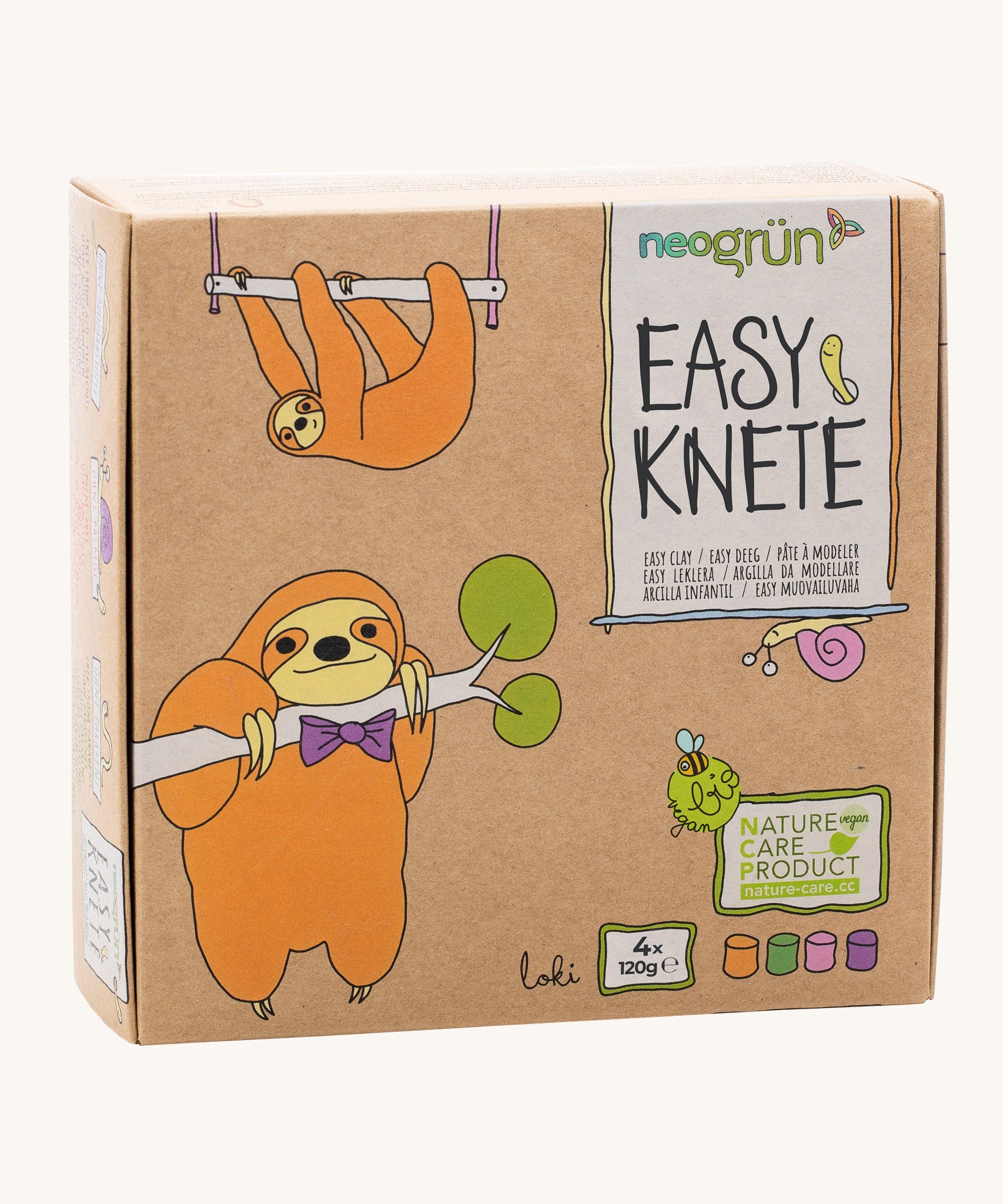 A close up of the cardboard box for the Neogrun modelling clay 4 pack showing the 2 playful sloth design 