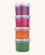 A vertical stack of the Neogrun organic play dough showing the green, orange pink and purple play dough in plastic tubs