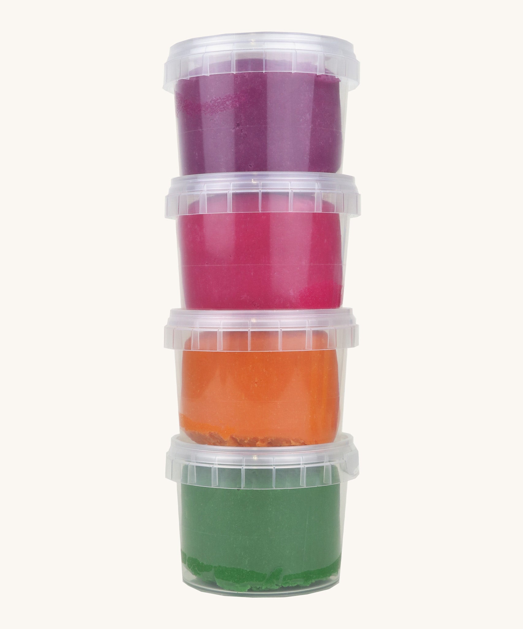 A vertical stack of the Neogrun organic play dough showing the green, orange pink and purple play dough in plastic tubs
