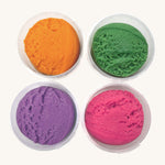 A top down view of the Neogrun 4 pack organic play dough. Showing the consistency of the 4 coloured play dough inside the plastic tubs