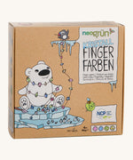 A close up view of the cardboard box for the Neogrun crystal finger paint showing the playful polar bear design