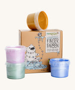 Neogrun crystal finger paint. Contains 4 glitter style finger paint including, gold, lilac green and blue colours. Comes in a cardboard box with a playful polar bear design