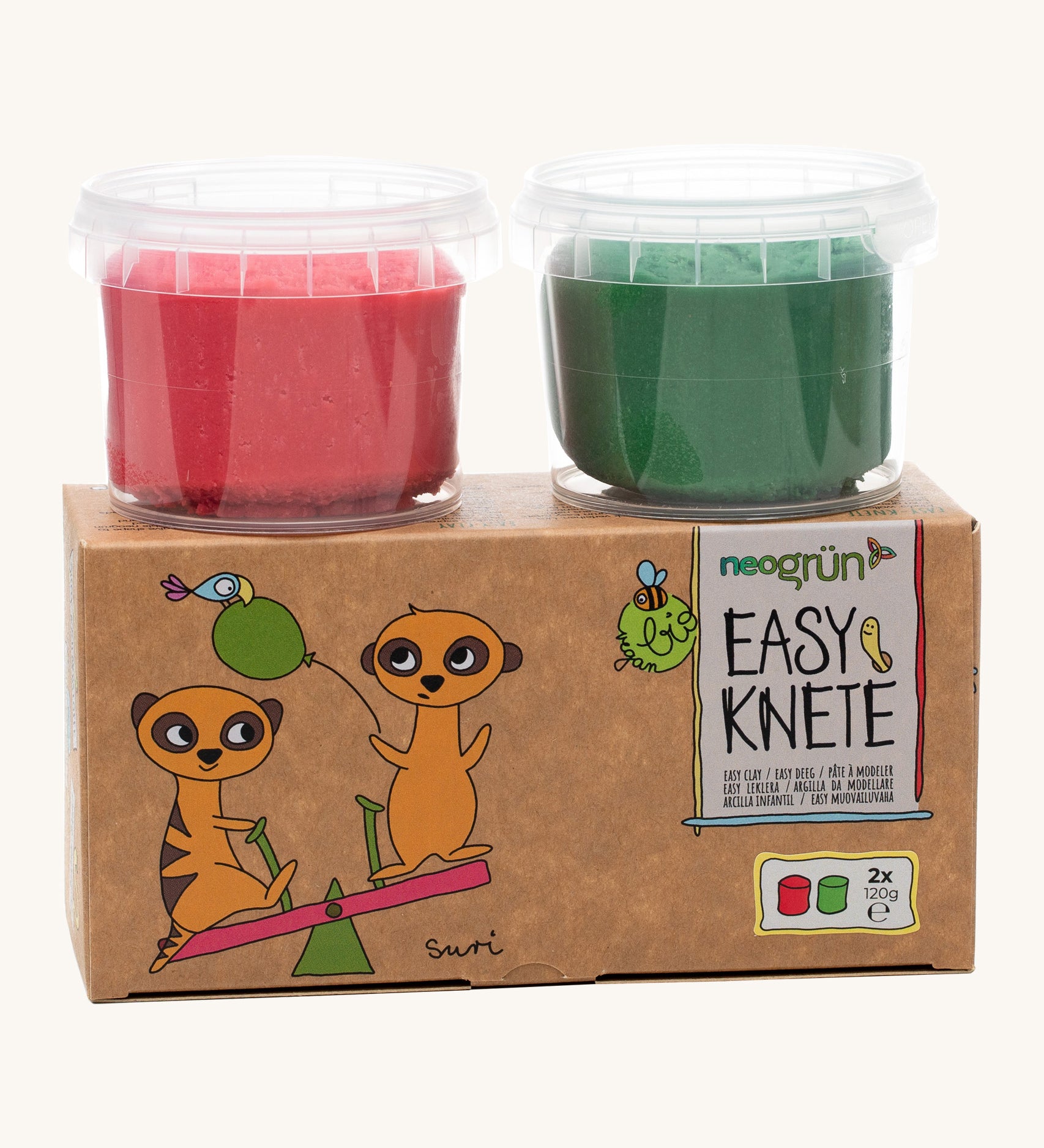 Neogrun modelling clay 2 pack features a green and red coloured organic clay in a small plastic tub and comes in a cardboard box with a 2 playful meerkats on a see-saw. 