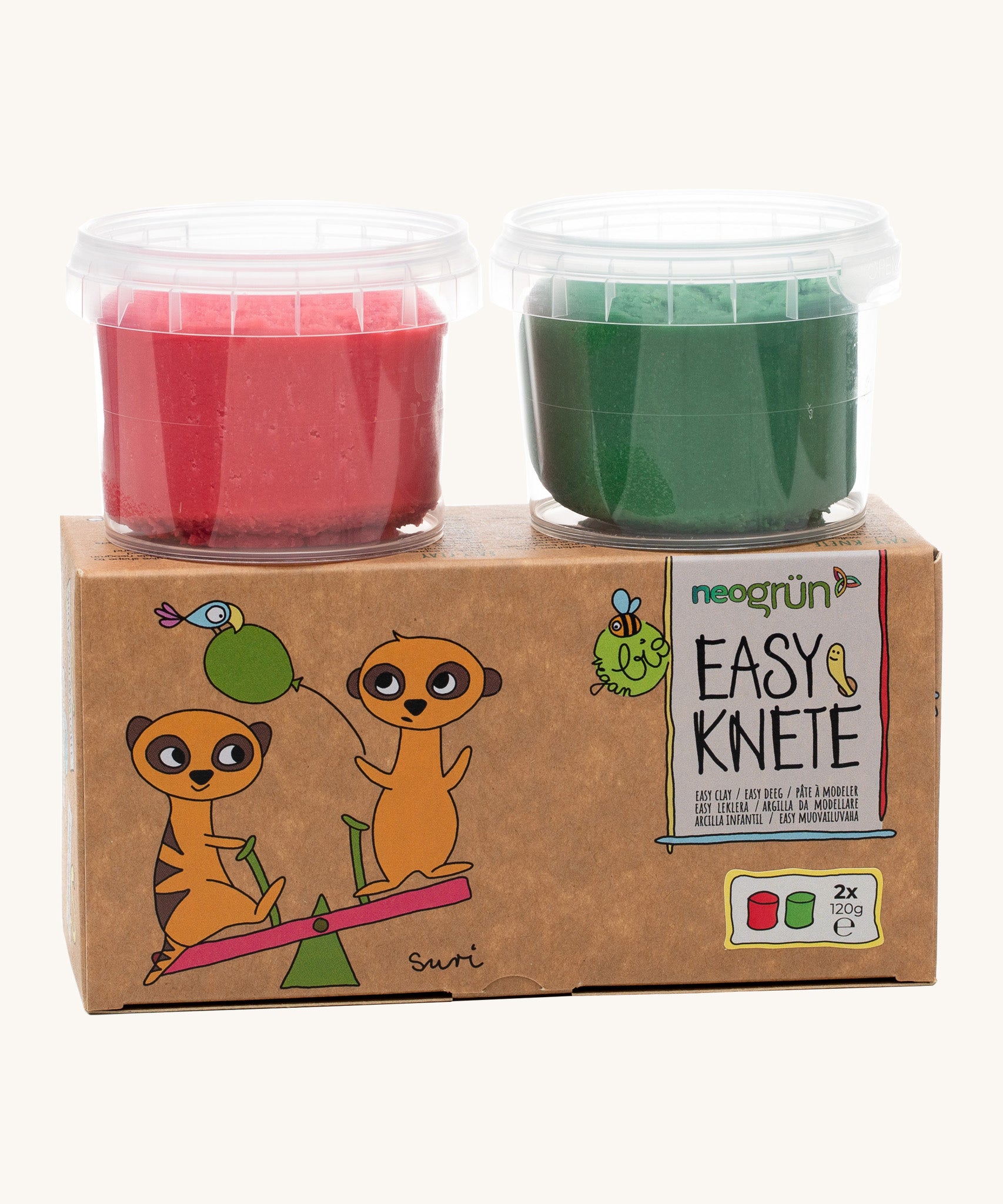 Neogrun modelling clay 2 pack features a green and red coloured organic clay in a small plastic tub and comes in a cardboard box with a 2 playful meerkats on a see-saw. 