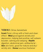 Infographic showing the main benefits of Neroli essential oil.