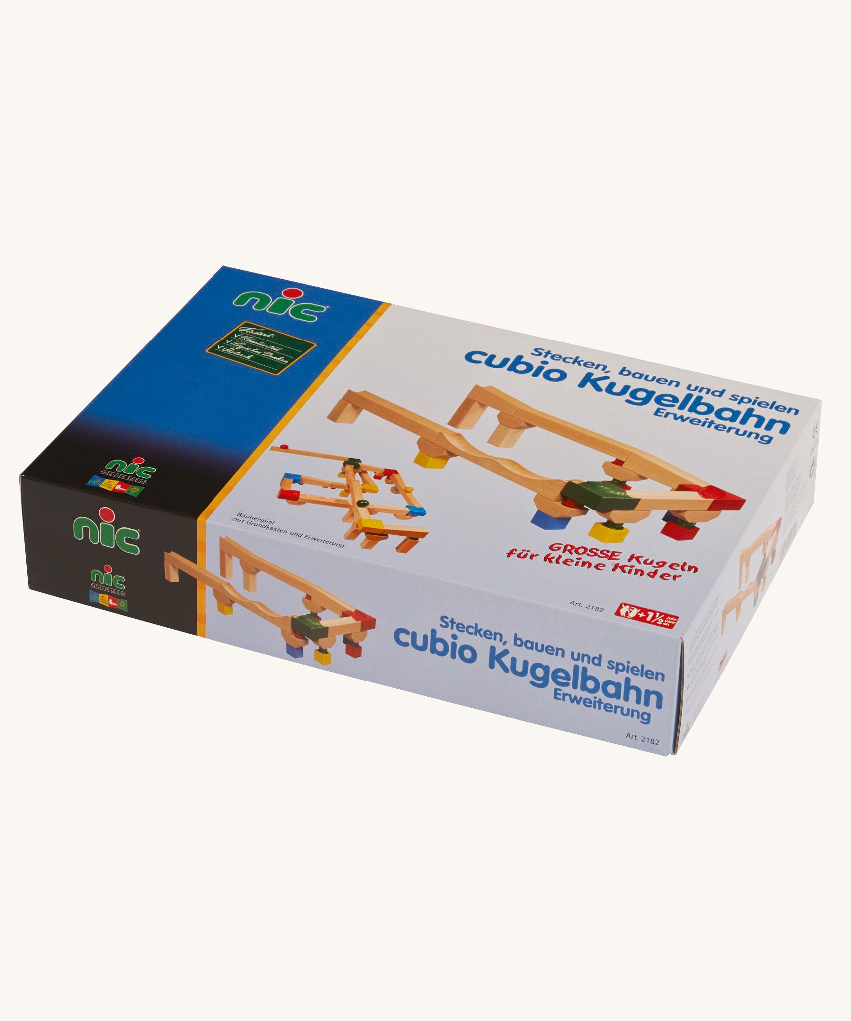 The Nic Cubio wooden Ball Track Extension Set shown in it's cardboard packaging box.