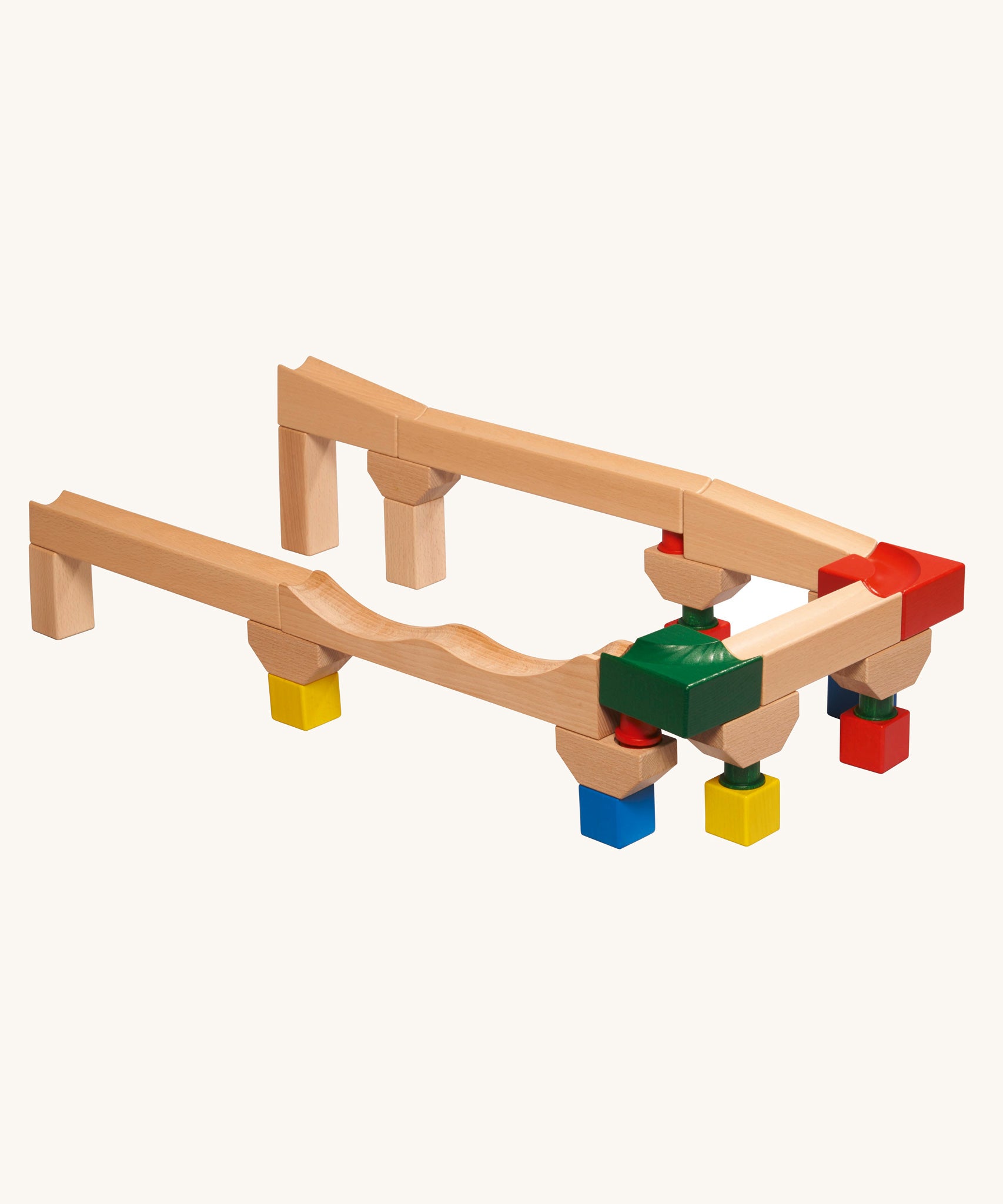 Nic Cubio wooden Ball Track Extension Set shown set up using all the pieces included. Wooden balls are available separately. 