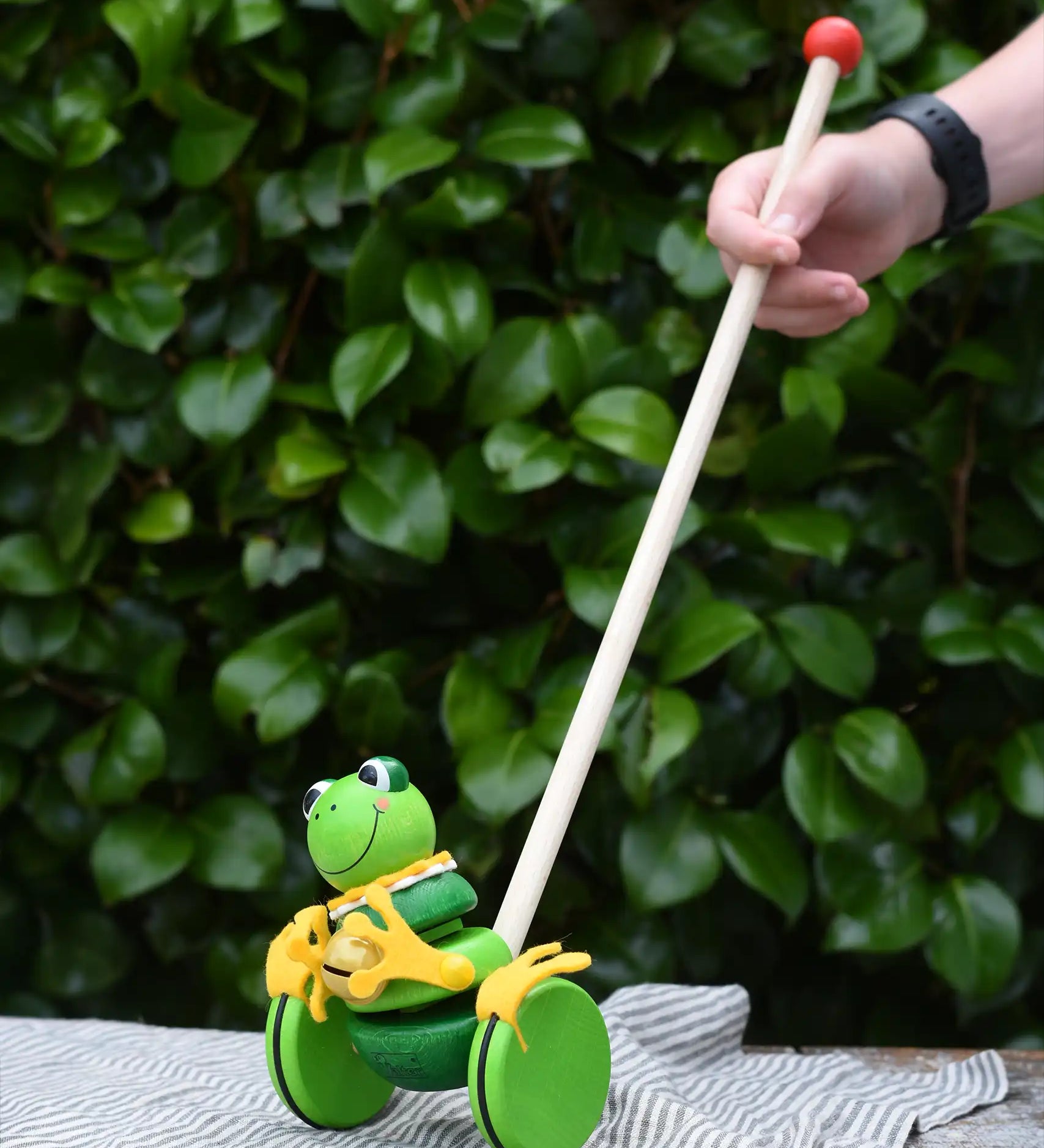 Nic Toys frog king push along toy. Green frog with yellow felt details and gold bell. 