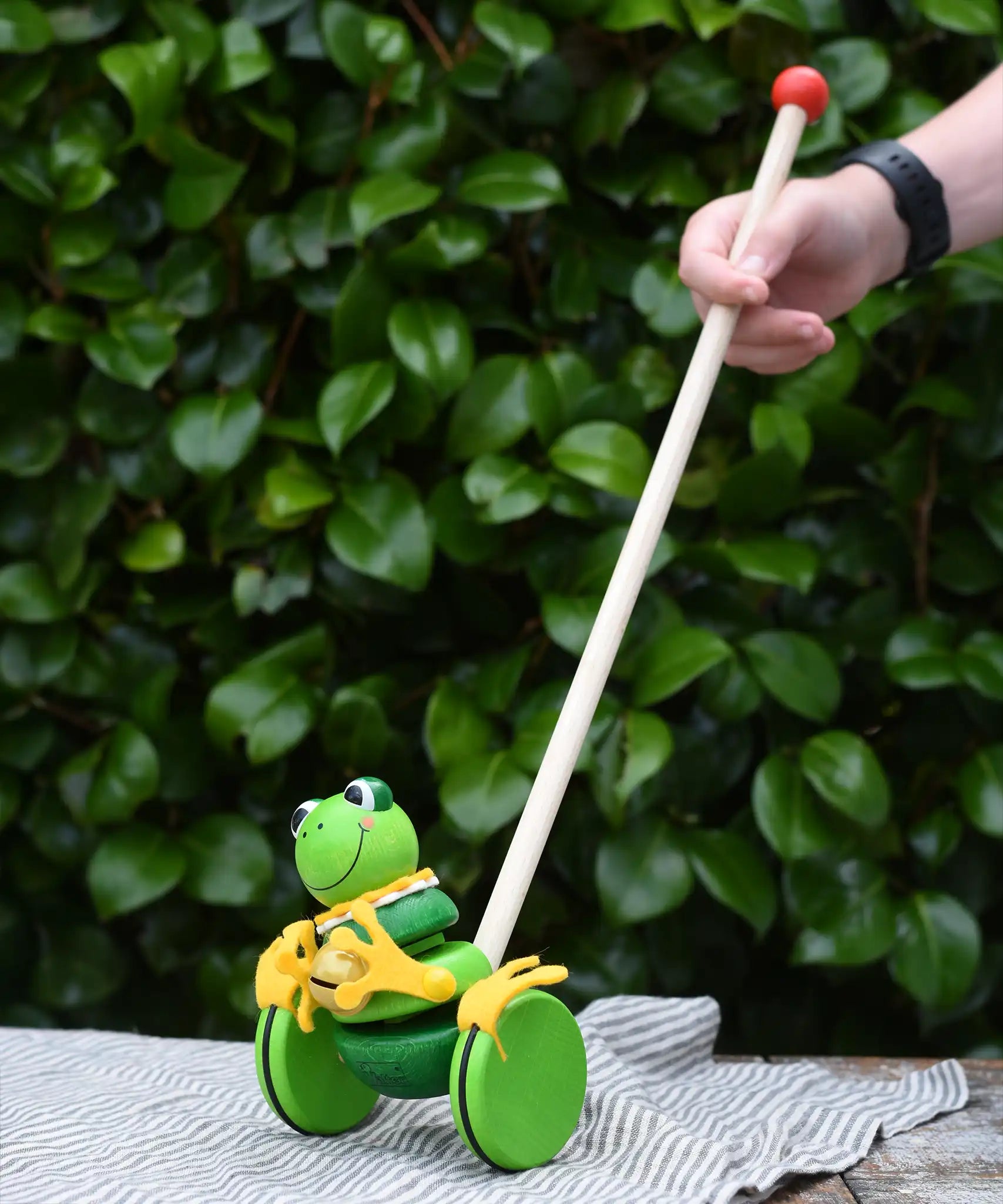 Nic Toys frog king push along toy. Green frog with yellow felt details and gold bell. 