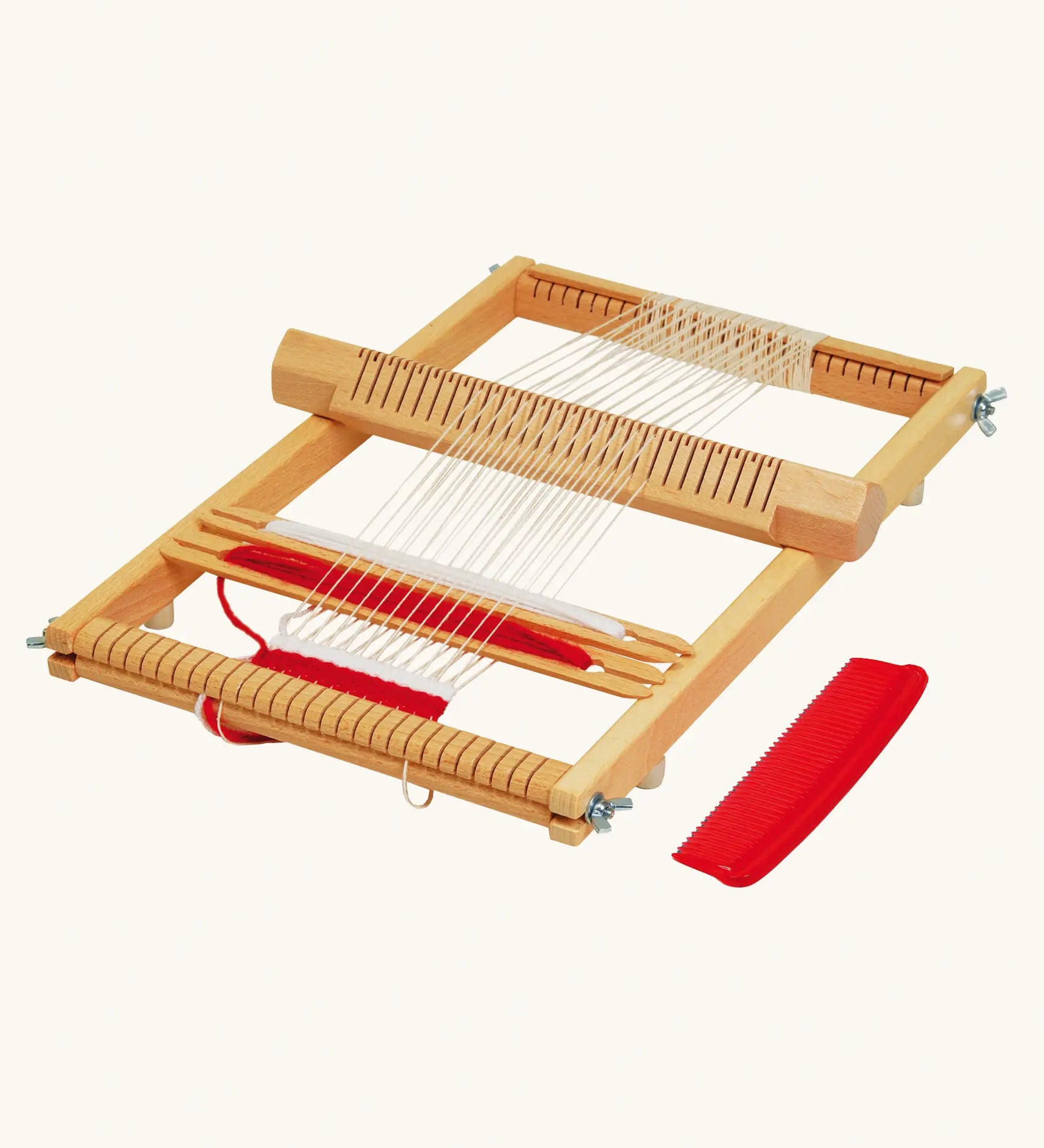 Nic Ines Weaving Frame pictured with red and white yarn. 