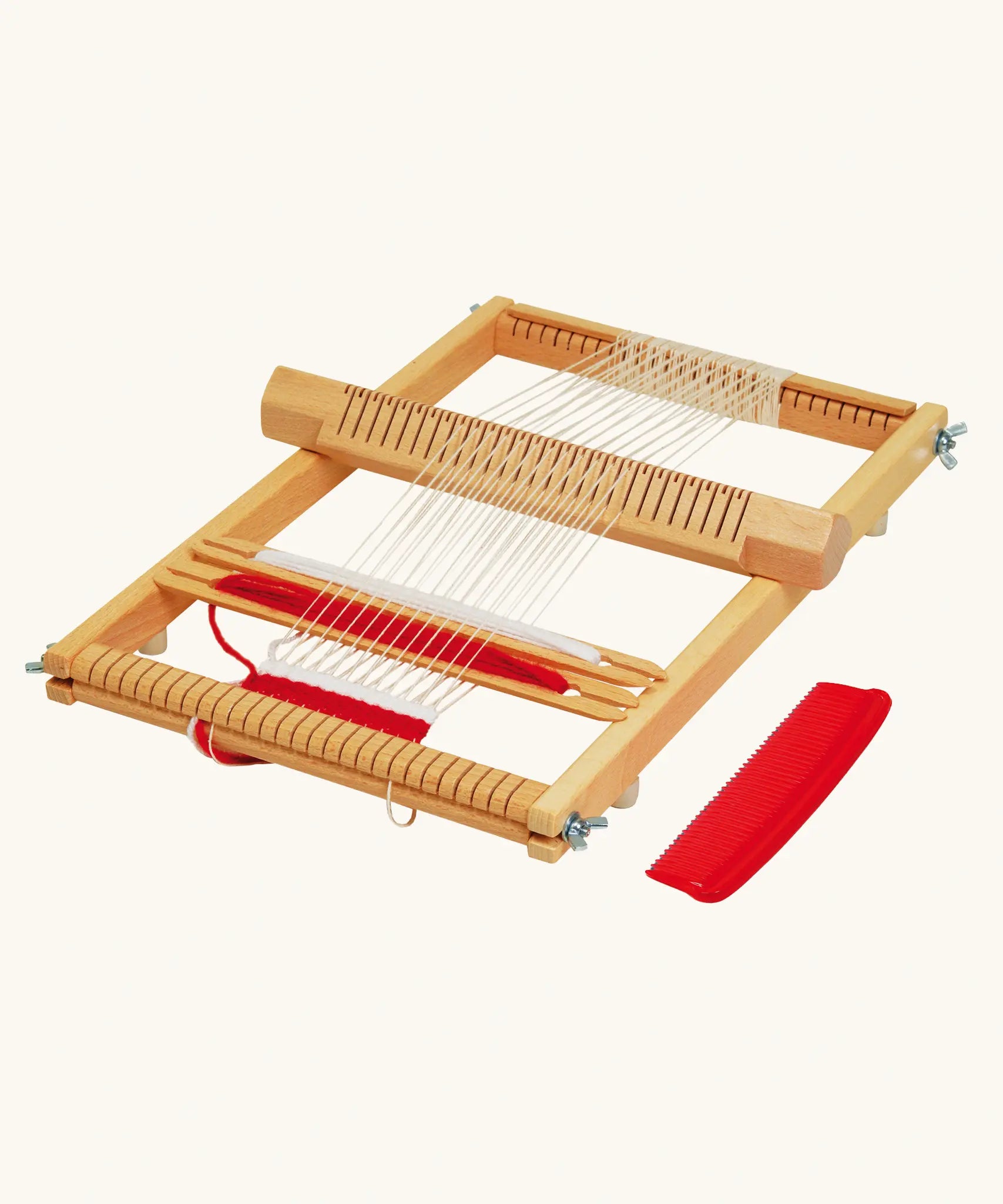 Nic Ines Weaving Frame pictured with red and white yarn. 