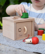 Nic lock a bloc wooden shape sorter toy, child is placing one of the green blocks into the slot at the top. 