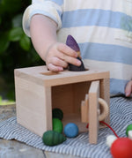 Child posting a Grapat tomten Nin through the circular slot in the top of the Nic lock a bloc wooden shape sorter toy.