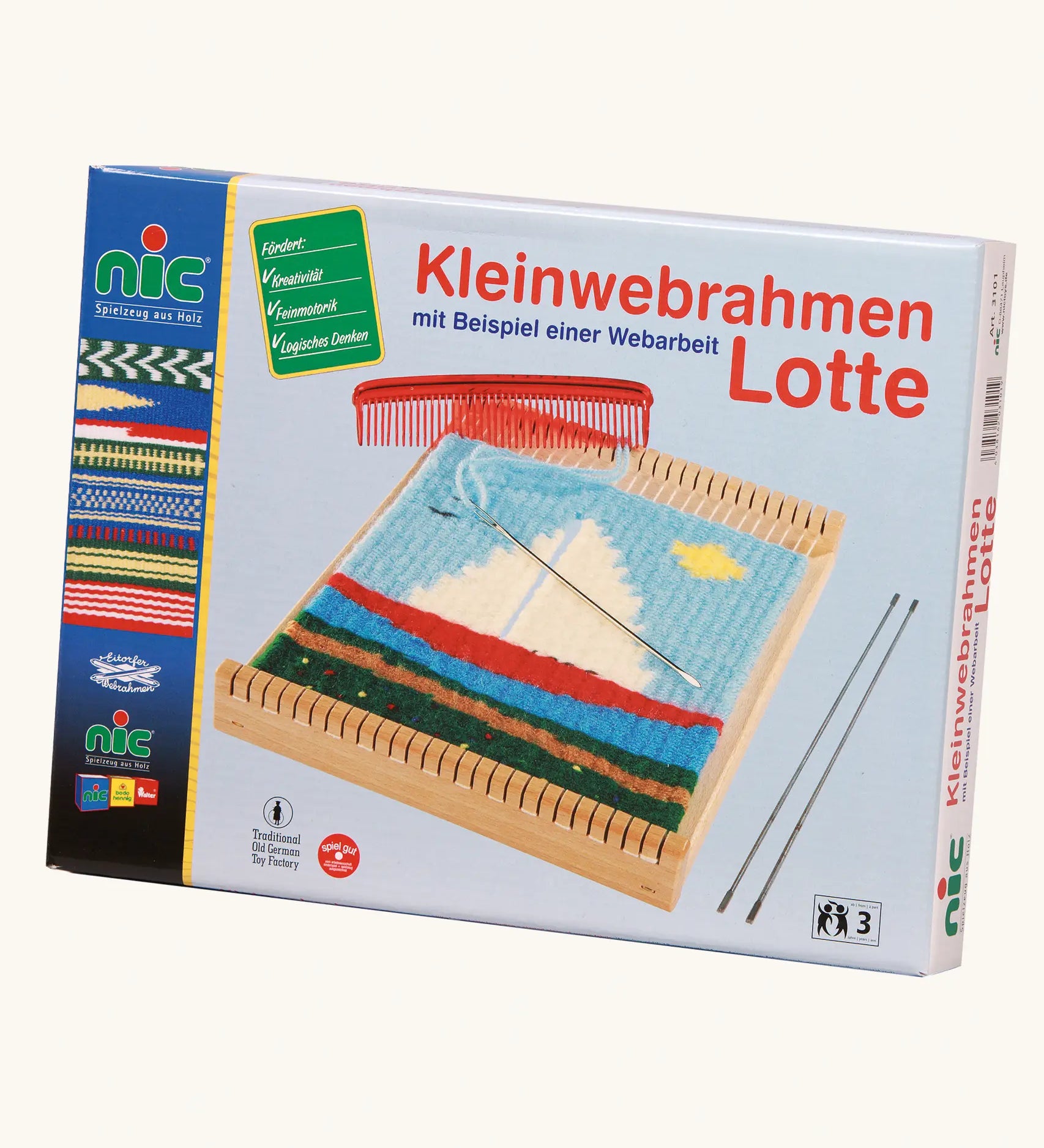 Nic Wooden Lotte Weaving Frame in it's box showing design ideas on the front.