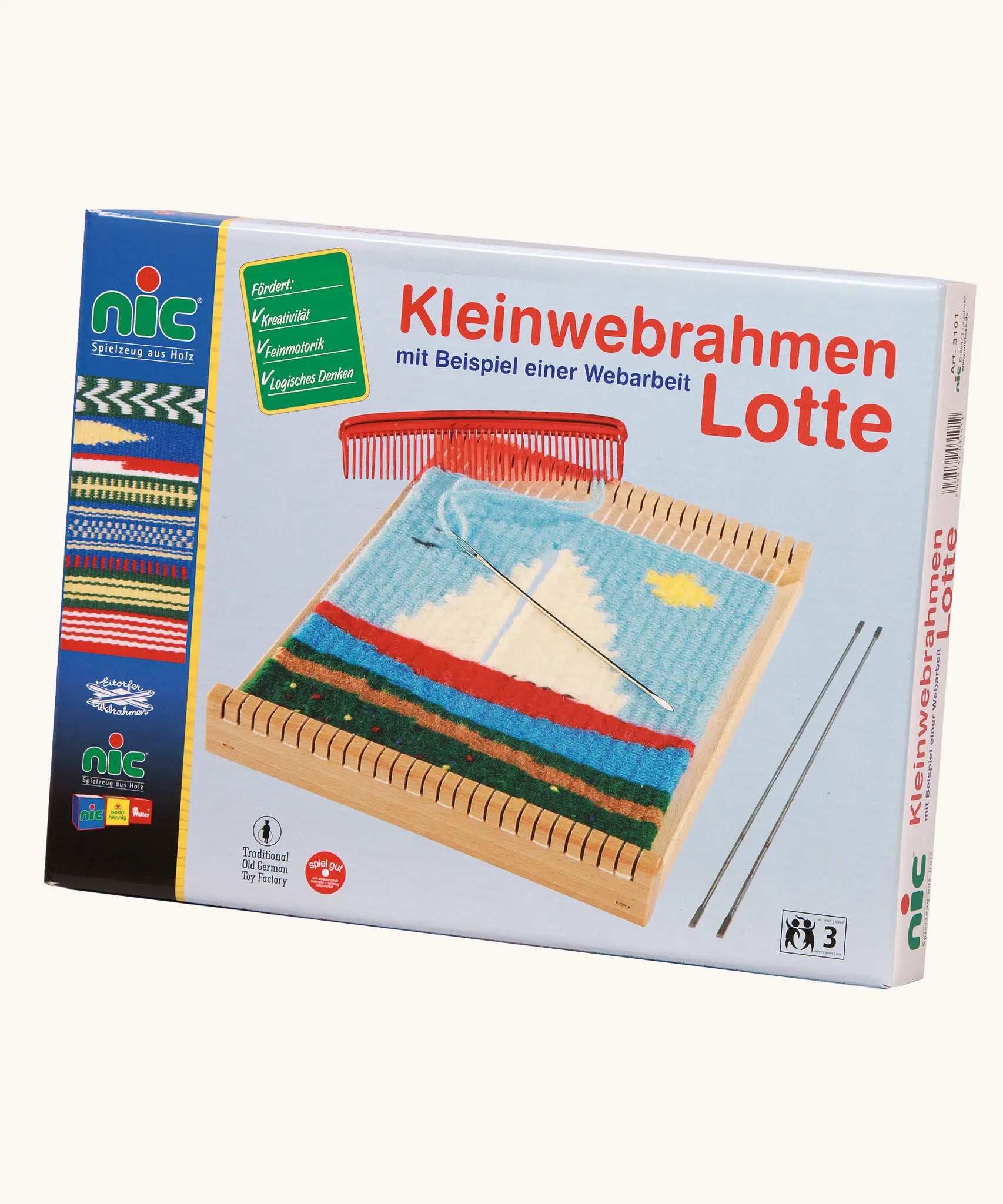 Nic Wooden Lotte Weaving Frame in it's box showing design ideas on the front.