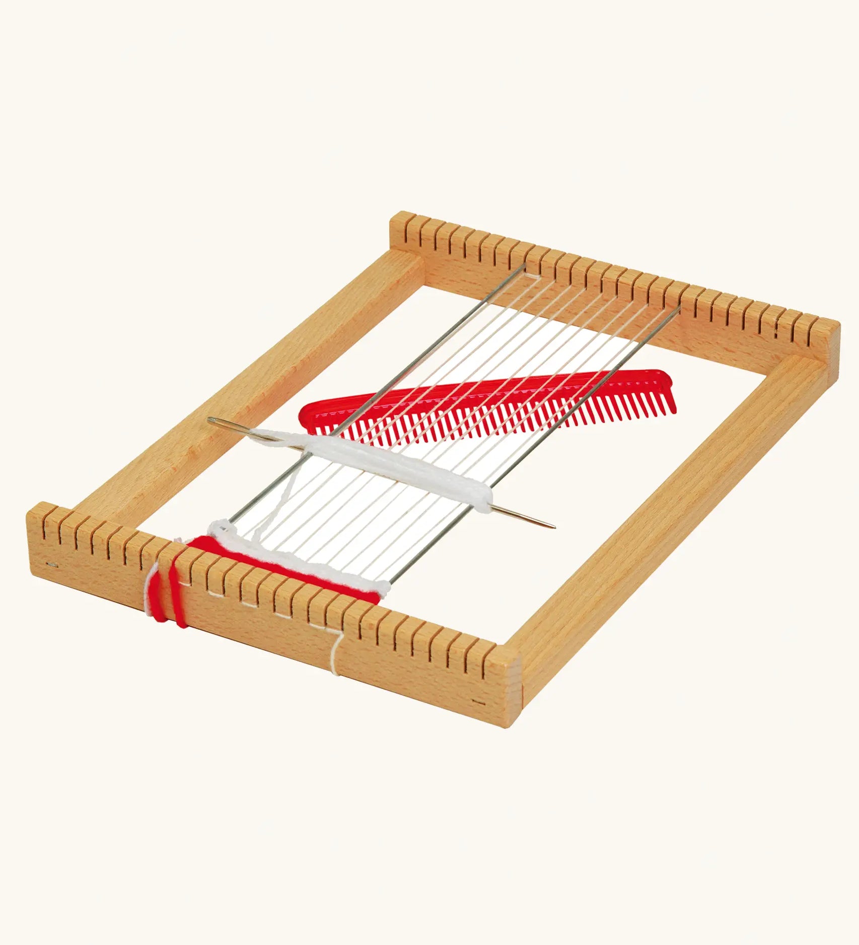 Nic Wooden Lotte Weaving Frame pictured with red and white yarn.