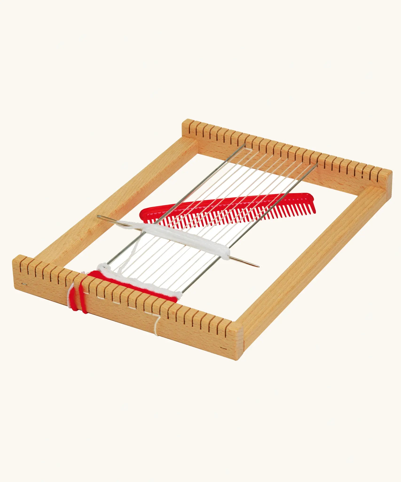 Nic Wooden Lotte Weaving Frame pictured with red and white yarn.