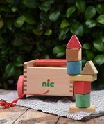 Nic wooden carriage shape sorter pull along toy. 8 wooden blocks in various shapes and colours stacked into a tower.