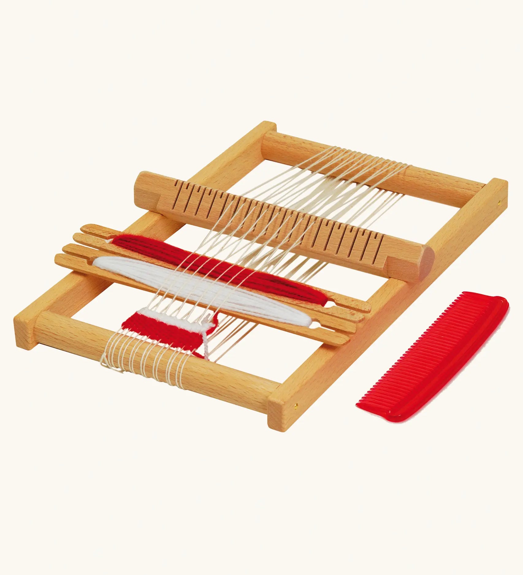 Nic Wooden Susi Weaving Frame pictured with read and white yarn.