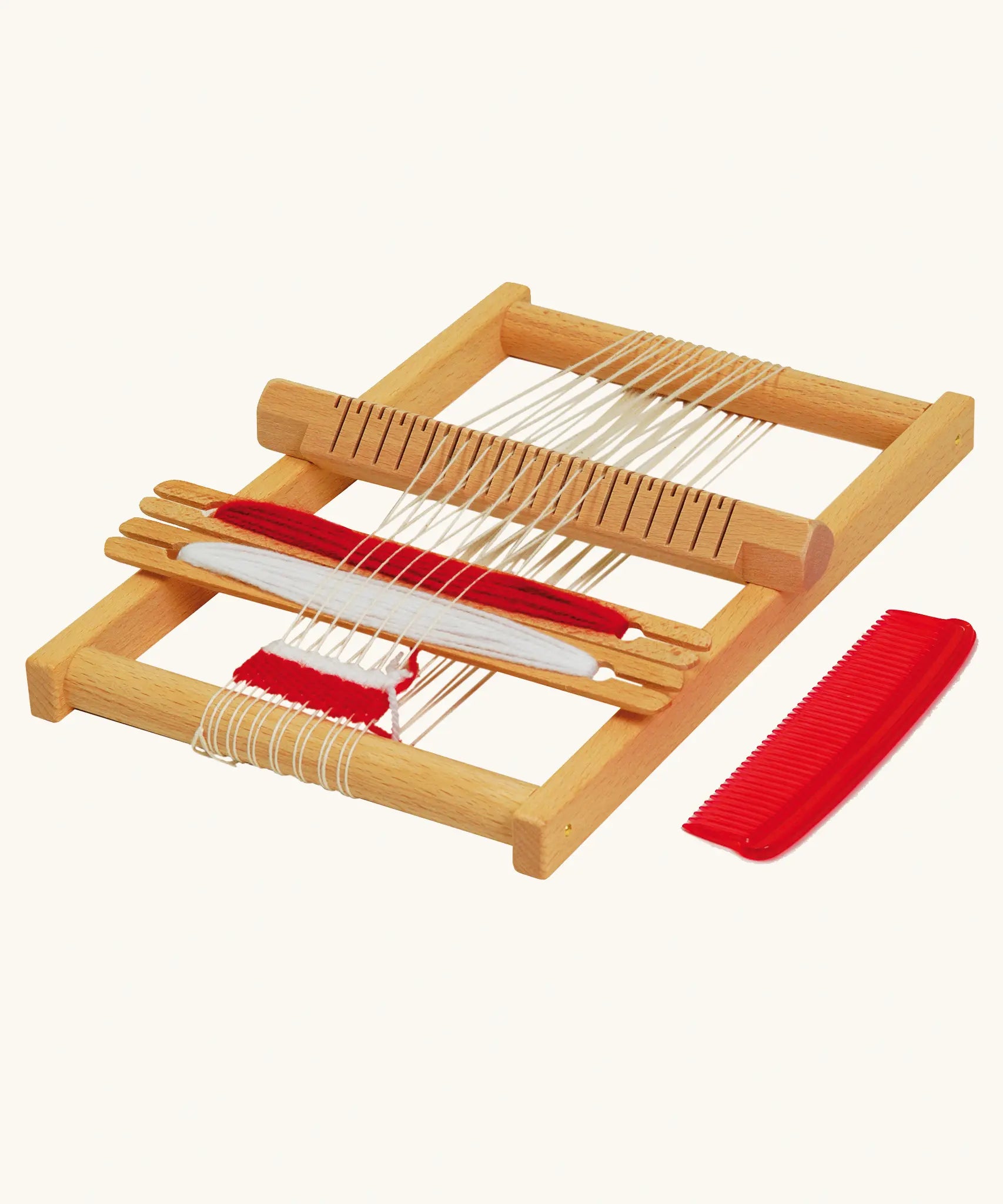 Nic Wooden Susi Weaving Frame pictured with read and white yarn.