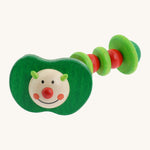 Nic Toys wooden apple worm grasper. Features a playful face with a green and red wriggly body 