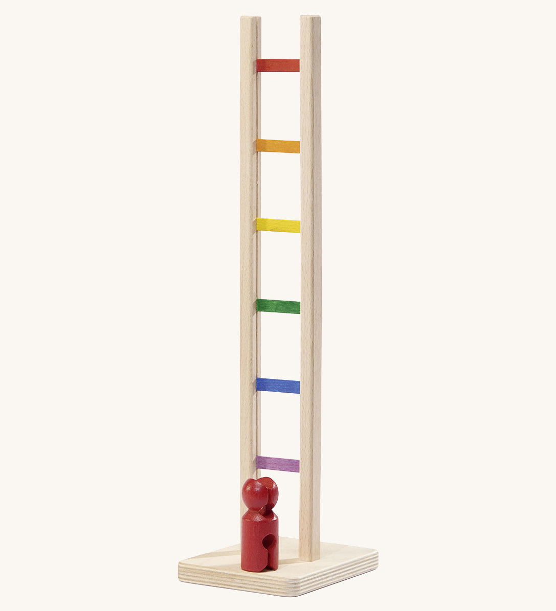 Nic Toys wooden colourful climbing ladder. A tumbling style toy with multicoloured ladder rungs and a red peg doll.