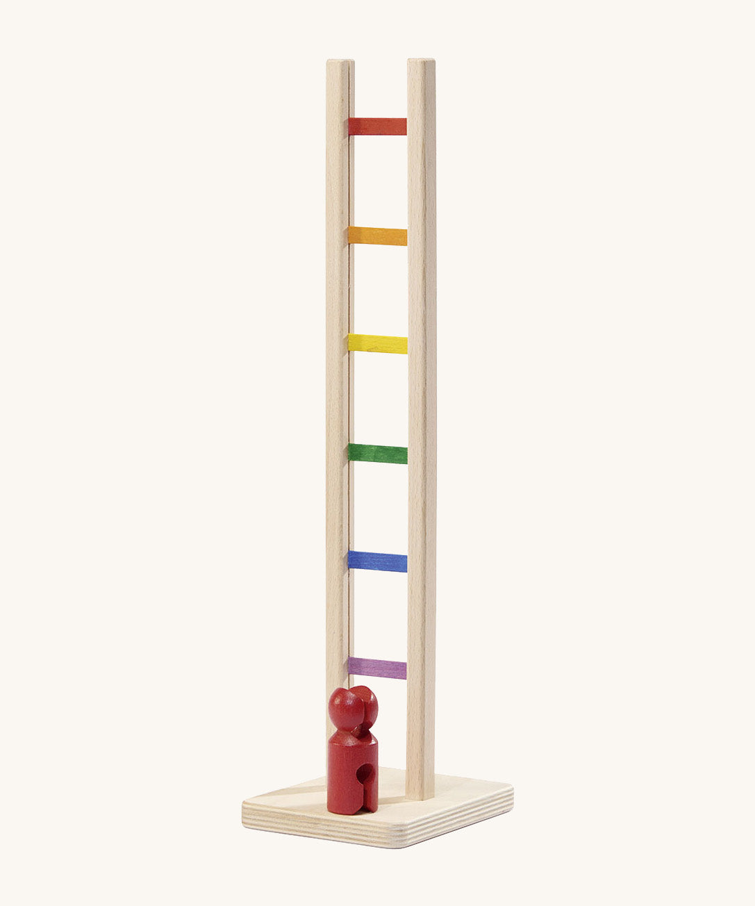 Nic Toys wooden colourful climbing ladder. A tumbling style toy with multicoloured ladder rungs and a red peg doll.