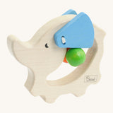 Nic Toys wooden elephant grasper. Features blue ears that move and grasping beads inside the body 