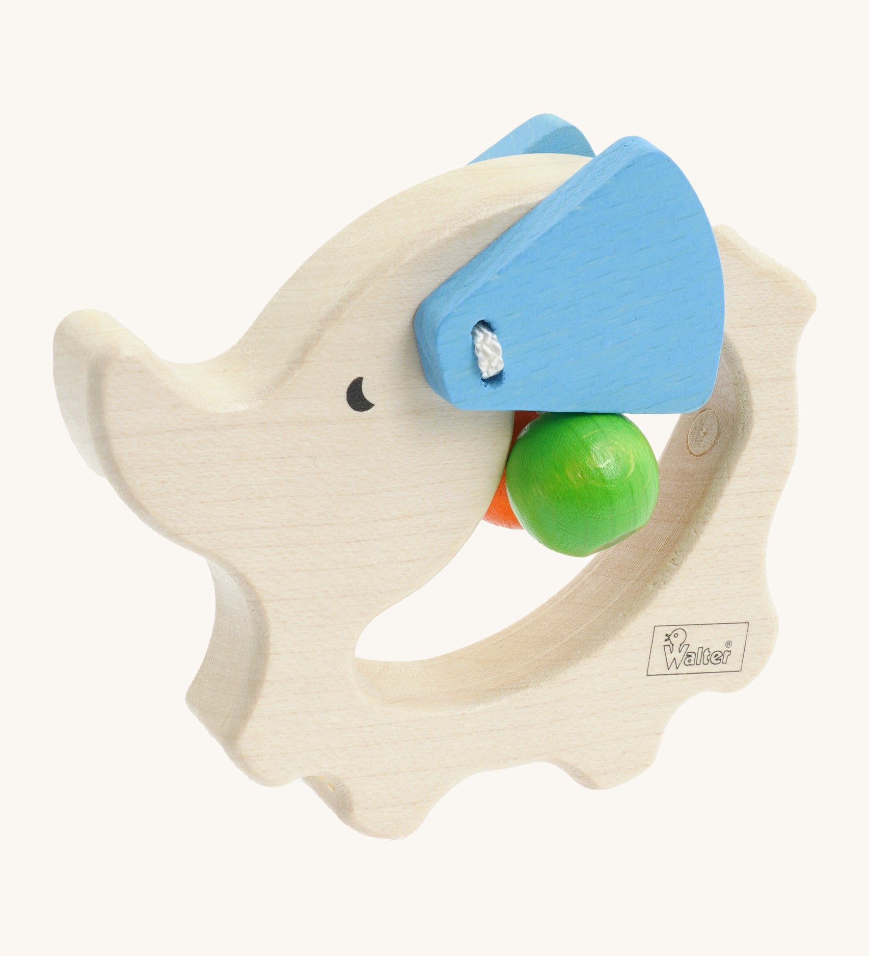Nic Toys wooden elephant grasper. Features blue ears that move and grasping beads inside the body 