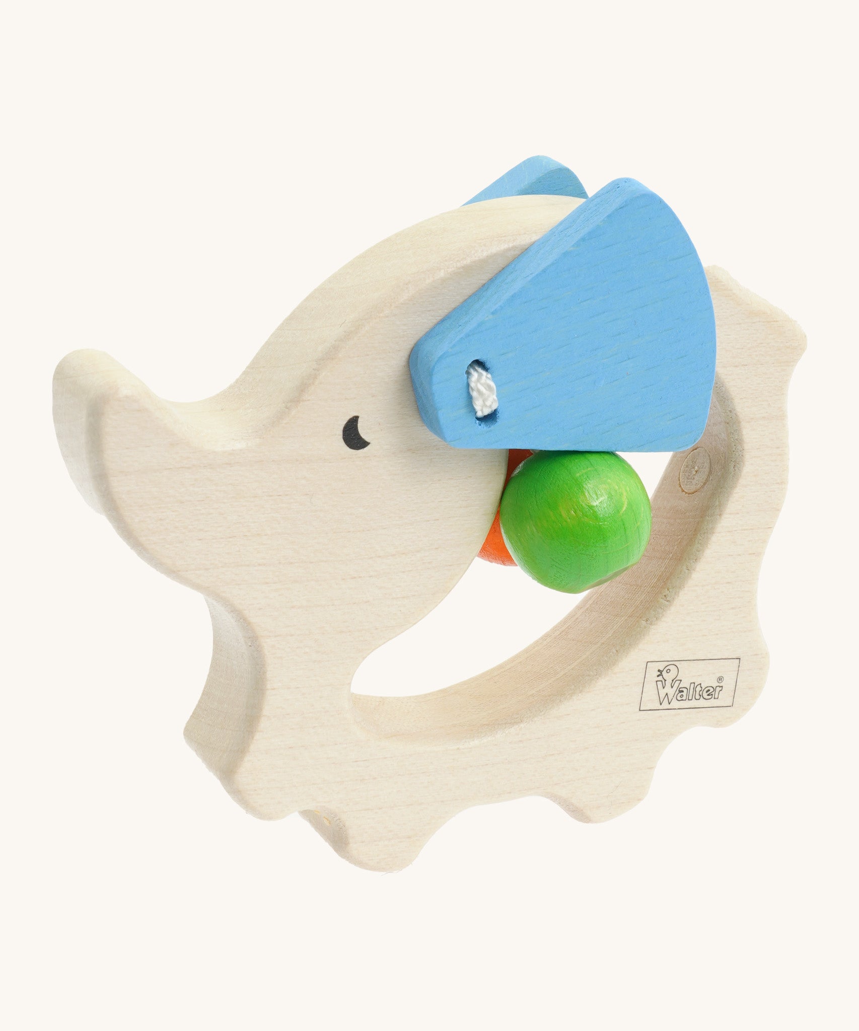 Nic Toys wooden elephant grasper. Features blue ears that move and grasping beads inside the body 