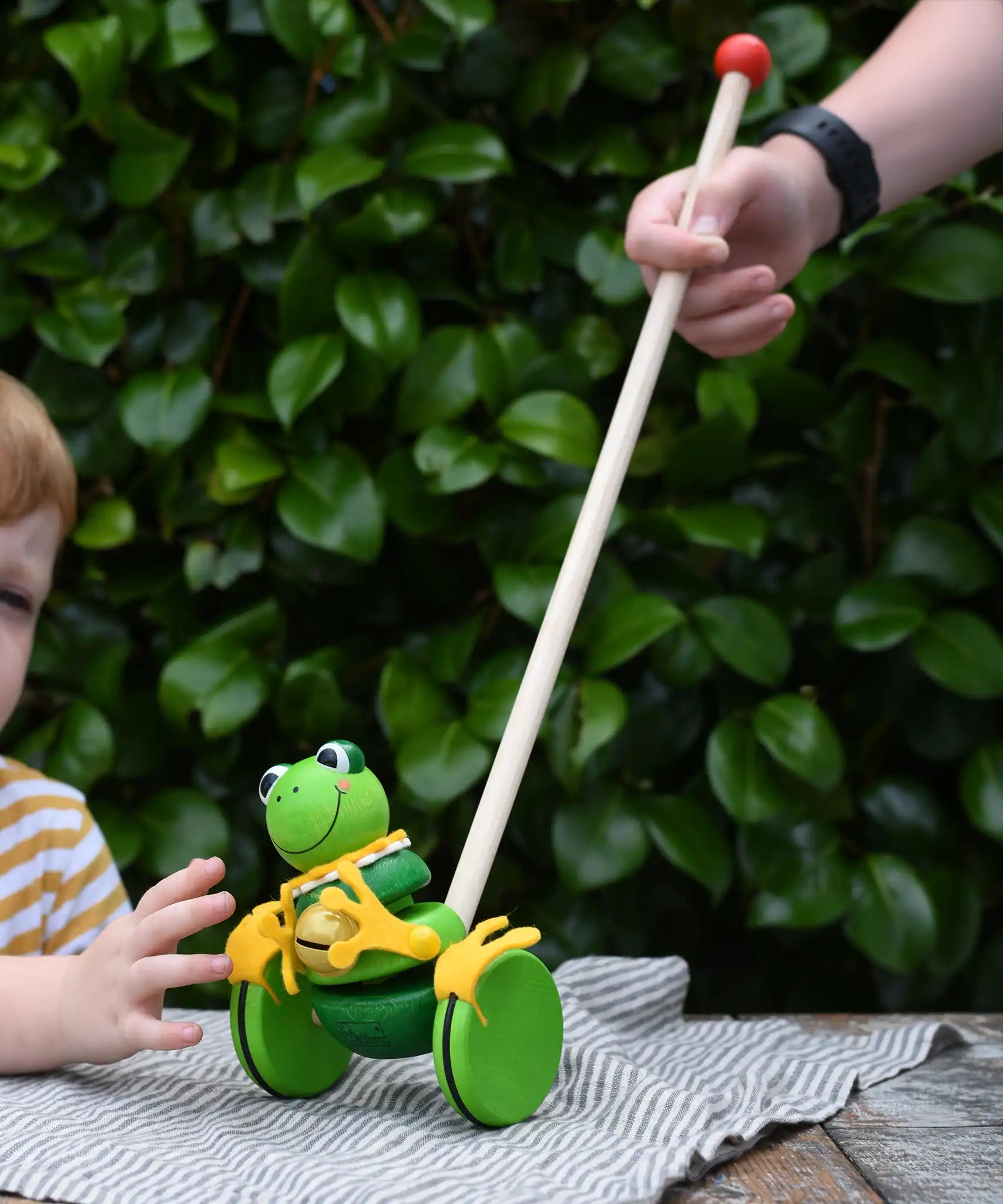 Child pushing the Nic Toys frog king push along toy. Green frog with yellow felt details and gold bell. 