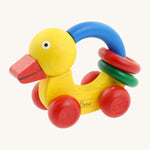 Nic Toys wooden grip duck in yellow with red wheels. Features a blue handle for grip with red and green rings for play 