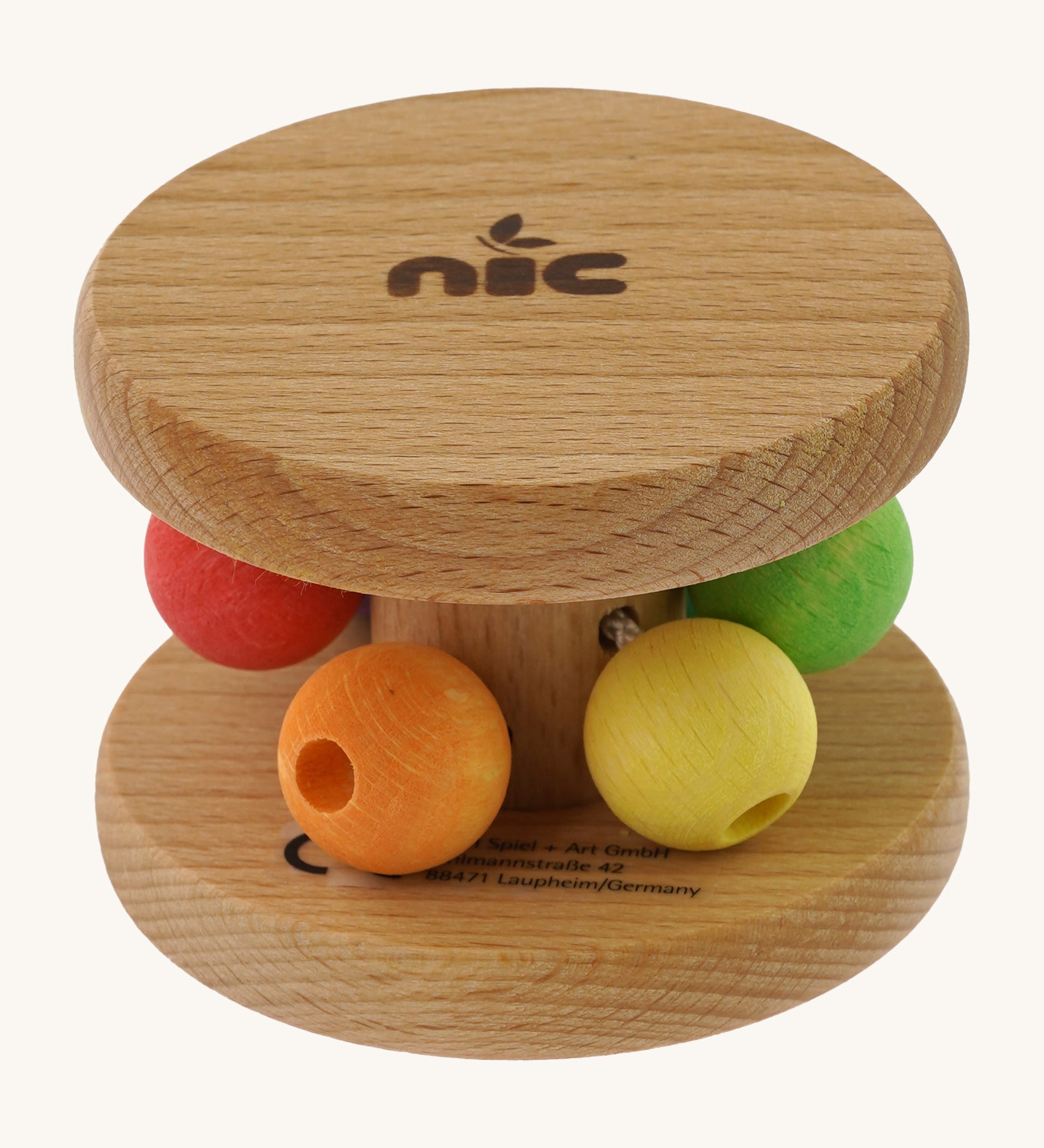 Nic Toys wooden rolling rattle laid flat, features multicoloured beads for grasping and brand name on the side disk