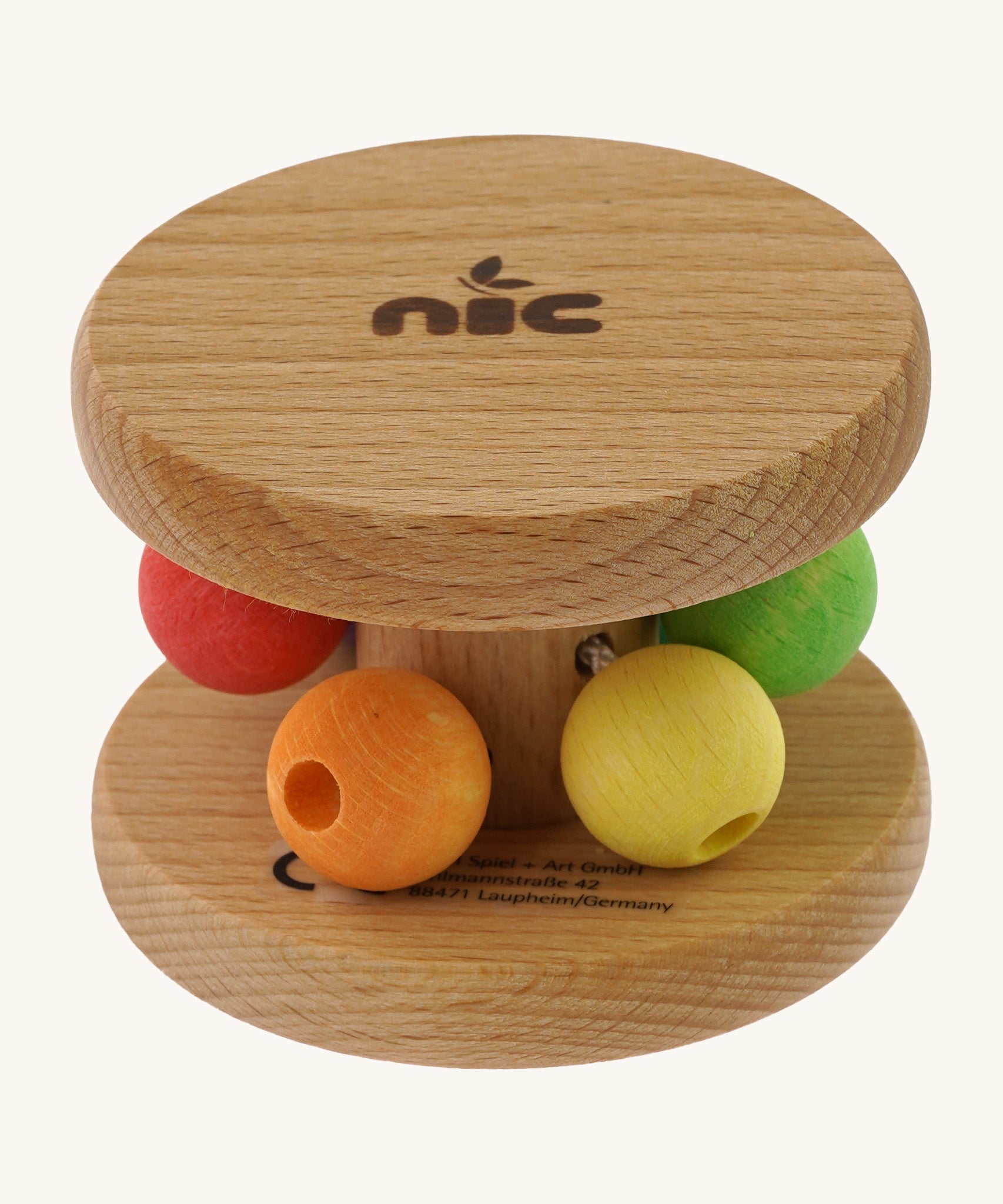 Nic Toys wooden rolling rattle laid flat, features multicoloured beads for grasping and brand name on the side disk