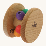 Nic Toys wooden rolling rattle, features multicoloured beads for grasping.