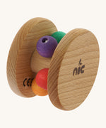 Nic Toys wooden rolling rattle, features multicoloured beads for grasping.