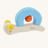 Nic Toys wooden snail grasper, features yellow beads for eyes and a red bell underneath the shell for sensory play.