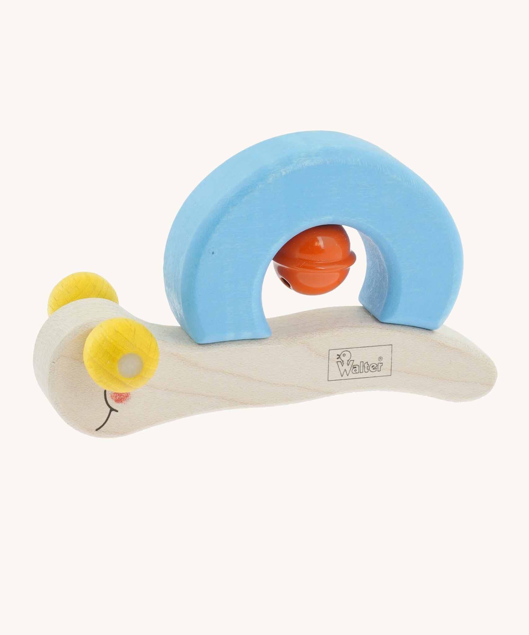 Nic Toys wooden snail grasper, features yellow beads for eyes and a red bell underneath the shell for sensory play.