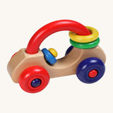 Nic Toys wooden first car. A wooden vehicle with a red handle for easy grasping with green and yellow rings that can be threaded through. Feature bright red and blue wheels and a blue and yellow steeling wheel