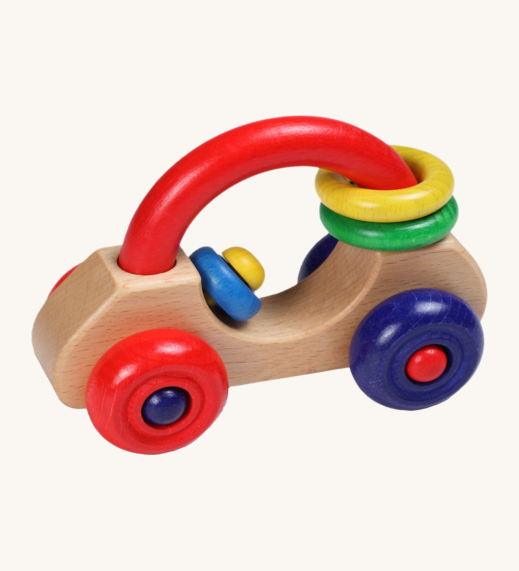 Nic Toys wooden first car. A wooden vehicle with a red handle for easy grasping with green and yellow rings that can be threaded through. Feature bright red and blue wheels and a blue and yellow steeling wheel