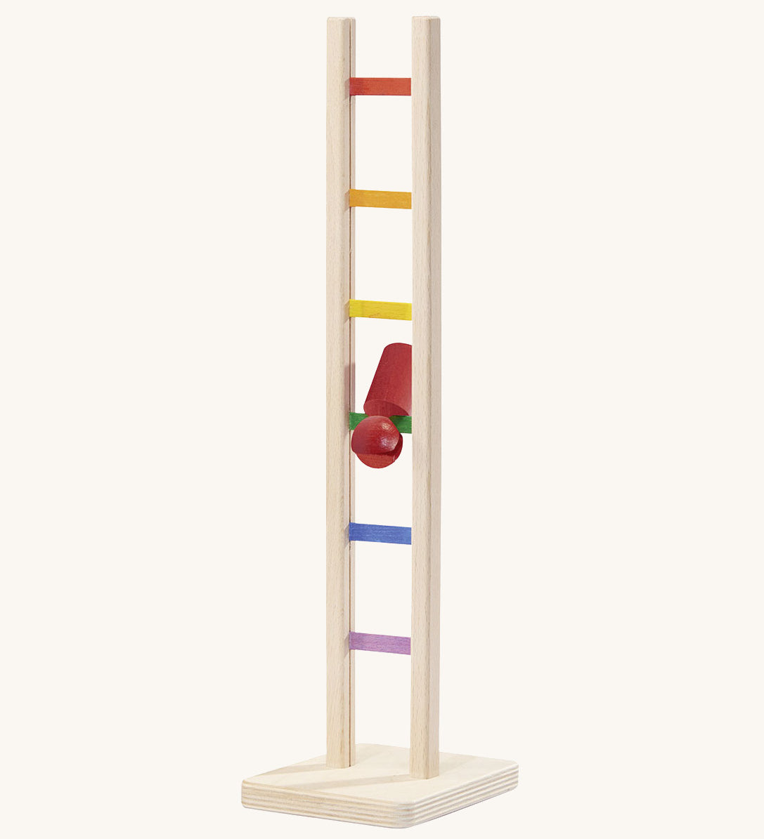 Nic Toys wooden colourful climbing ladder in play showing the red peg doll tumbling down the ladder.