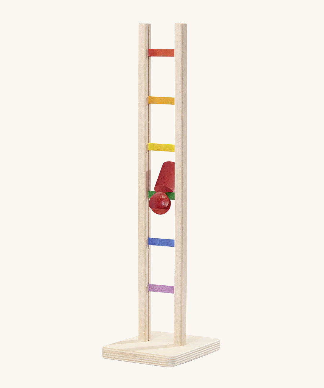 Nic Toys wooden colourful climbing ladder in play showing the red peg doll tumbling down the ladder.