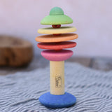 Nic Toys wooden rattling tree baby toy. Coloured disks for making a noise and a wooden handle for grip.