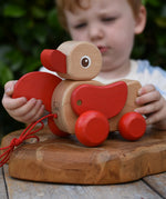 Child playing with the Nic waggle duck pull along wooden toy, moving it's red wings around.