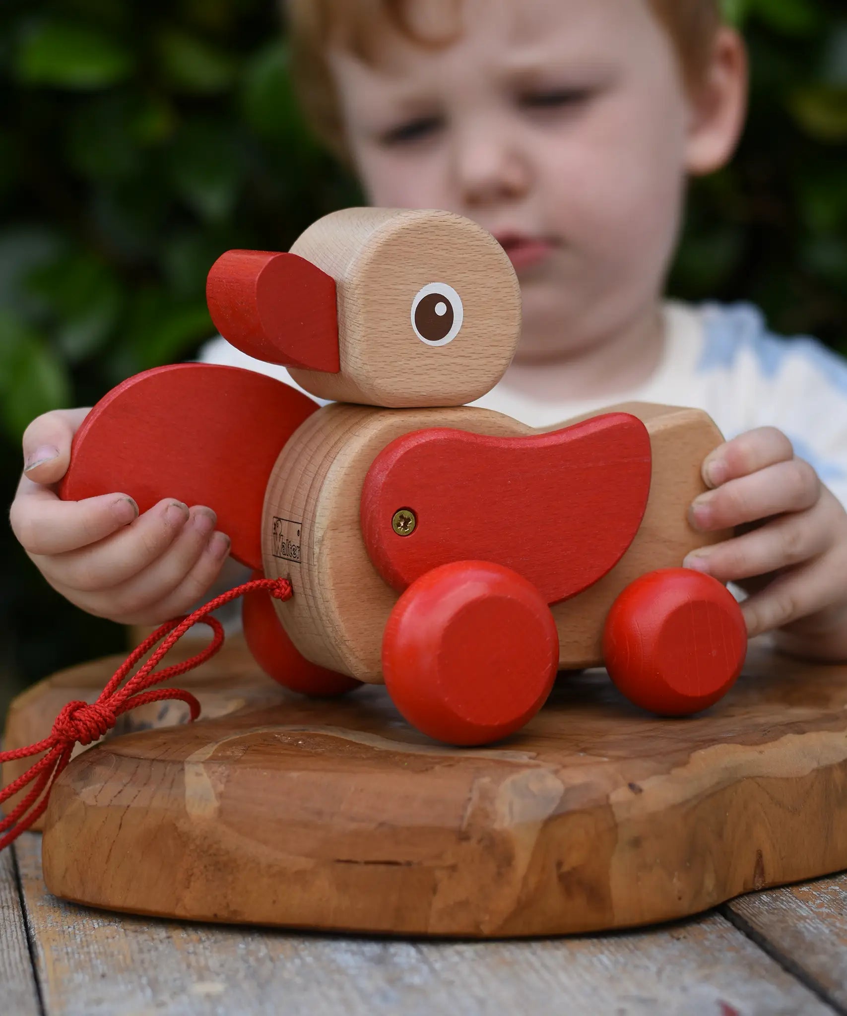 Child playing with the Nic waggle duck pull along wooden toy, moving it's red wings around.