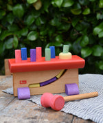Nic Walter bio organic wooden pounding bench children's toy. Stained with natural pigments and dyes. 