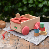 Nic wooden carriage shape sorter pull along toy. 8 wooden blocks in various shapes and colours.